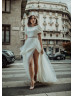 Short Sleeves Ivory Satin Tulle Slit Wedding Dress